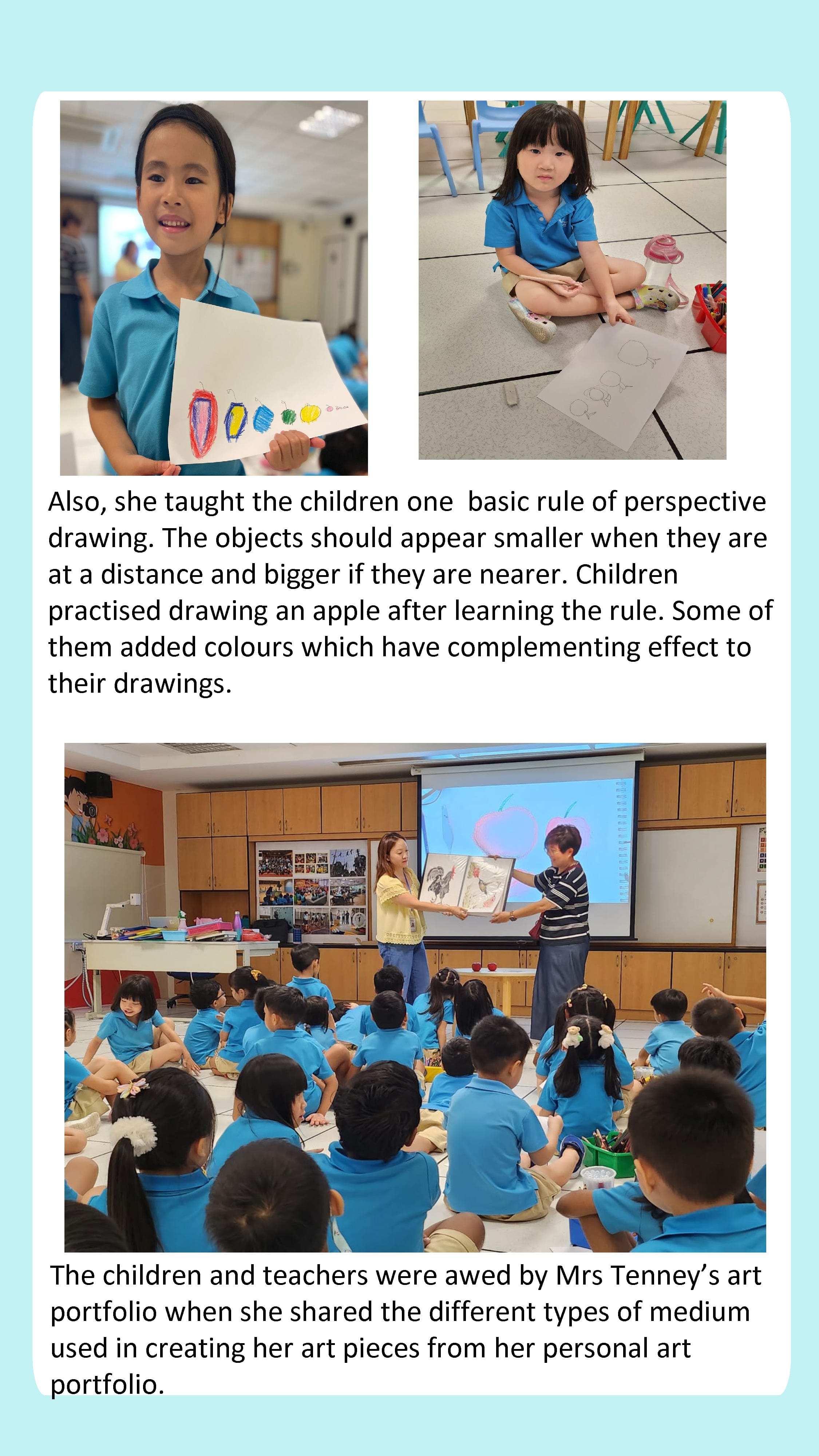 Children practise drawing and colouring techniques, learning perspective and exploring different art forms through hands-on activities.